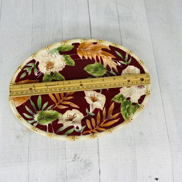 Home Trends HIBISCUS Bamboo Edge Ferns Floral Red Oval Ceramic Serving Platter - Picture 5 of 9
